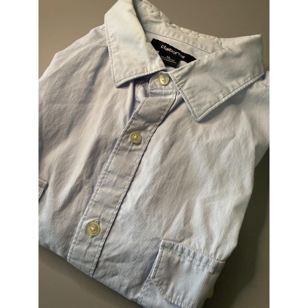 Claiborne Mens XL Light Blue Striped Cotton Button Down Long Sleeve Shirt Pocket